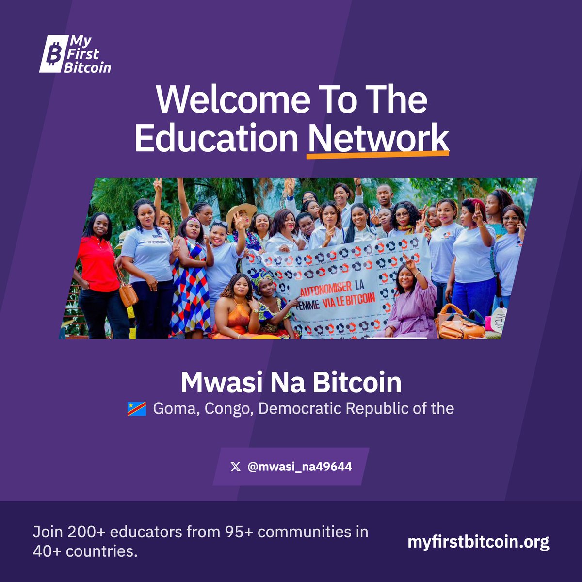 MyFirstBitcoin_'s tweet photo. 🇨🇩 Empowering women through Bitcoin education in the Democratic Republic of Congo!

Meet Mwasi na Bitcoin — meaning Women and Bitcoin in Lingala — a women-led education community founded in Goma, DRC, in April 2025.

In a region where access to traditional banking services has been severely disrupted, financial education can make a real difference.

Through hands-on workshops, Mwasi na Bitcoin teaches women how to use Bitcoin, secure their wallets, make payments, and protect themselves from scams.

👩🏾‍🎓 More than 160 women educated so far!

And they're just getting started.

Their next goal? Expand across the DRC and empower more women to become Bitcoin educators in their own communities.

This is what grassroots Bitcoin education looks like.🌍

Welcome to the My First Bitcoin Education Network, Mwasi na Bitcoin! 💜

@mwasi_na49644