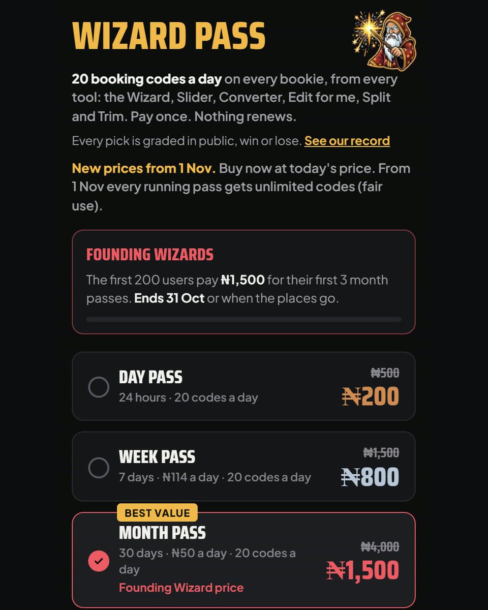 SoccerWizardhq's tweet photo. Only 200 people get this. 🧙👑

Founding Wizards pay ₦1,500 a month for their first 3 months and keep the crest for good.

Ends 31 Oct. Or when the 200 places go. ⏳

https://t.co/KXdOzaljWF
18+ https://t.co/KduBvmPXk6
