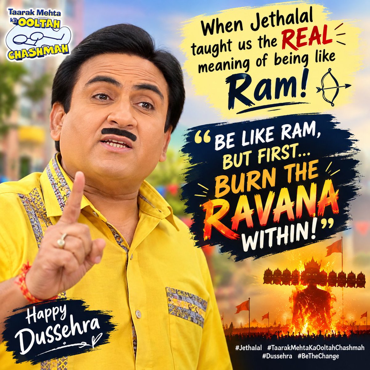 jayaa1922's tweet photo. Jethalal didn't just teach us comedy, he dropped a LIFE LESSON! 😂🔥 “Be like Ram, but before that, BURN THE RAVANA WITHIN YOU!🏹🚩

#दशहरा #विजयादशमी #Vijayadasahmi 
#Dussehra https://t.co/jKldGt69RP