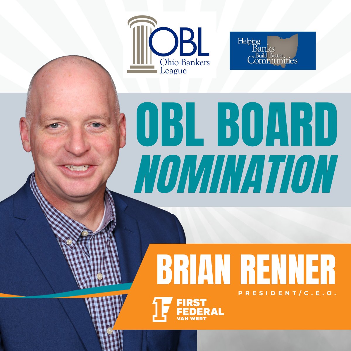 FirstFedVW's tweet photo. #FirstFederalofVanWert is pleased to announce that Brian Renner, President and Chief Executive Officer, has been nominated to serve as a director on the #OhioBankersLeague (OBL) Board of Directors!

Read the full article on our website, https://t.co/tv1EYyZo93 https://t.co/tRIurJhSrc