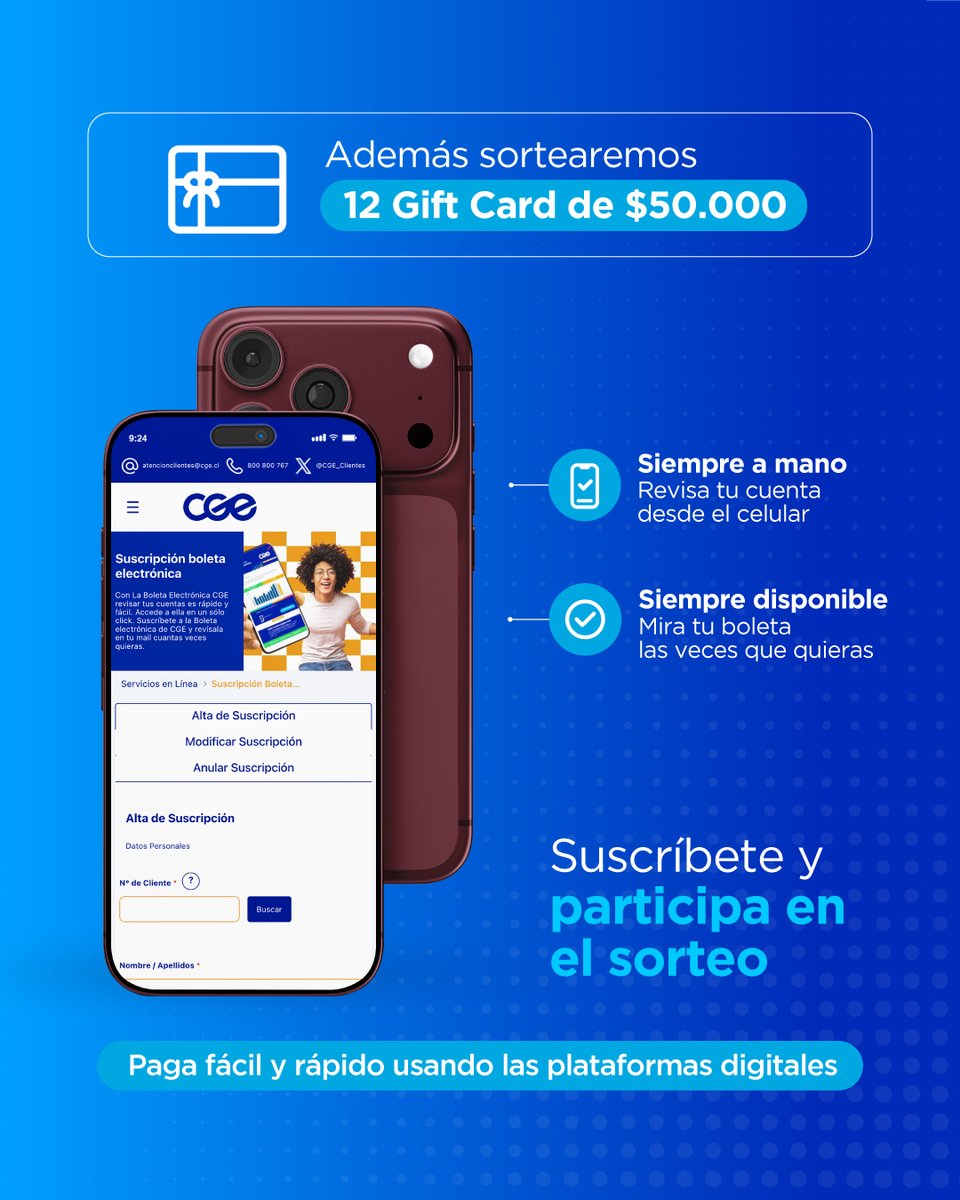 CGE_Clientes's tweet photo. ¡Dile chao al papel 📄! Suscríbete a la #BoletaDigitalCGE y participa por un iPhone 18 Pro Max 📱 y 12 gift cards de $50.000 cada una. ¡Súmate aquí! 👉 https://t.co/MfcIL95IXr https://t.co/J7w4KpsrmD