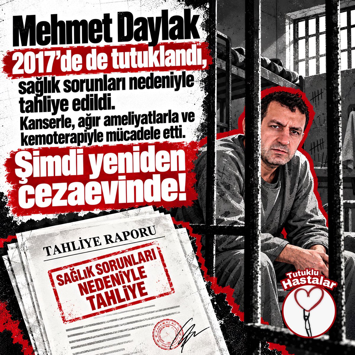 scream25silence's tweet photo. Mehmet Daylak 2017 'de de tutuklandi, sağlık sorunları nedeniyle tahliye edildi.
Kanserle, ağır ameliyatlarla ve kemoterapiyle mücadele etti.
Şimdi yeniden cezaevinde!

MehmetDaylak Yaşasın https://t.co/Vuy726z21v
