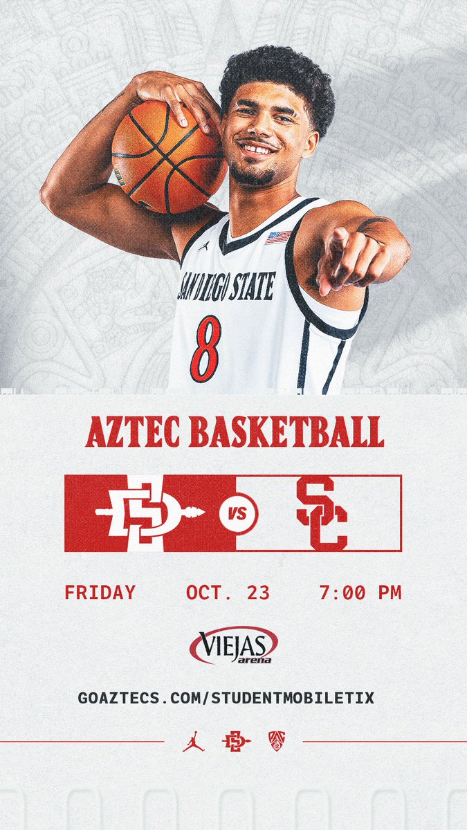Aztec_MBB's tweet photo. Basketball season is here! SDSU students, you can now claim your FREE tickets for this Friday's exhibition game vs. USC! See you in @ViejasArena! https://t.co/oKXq9JGV4U
