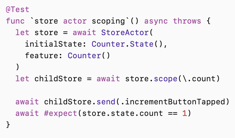 pointfreeco's tweet photo. Did you know Swift actors can share the same isolation and communicate with one another in a completely synchronous manner?

This week we apply the idea to ComposableArchitecture 2.0, where a scoped StoreActor can wrap a parent and share parts of the same core domain and state. https://t.co/1D8NDAl48Q