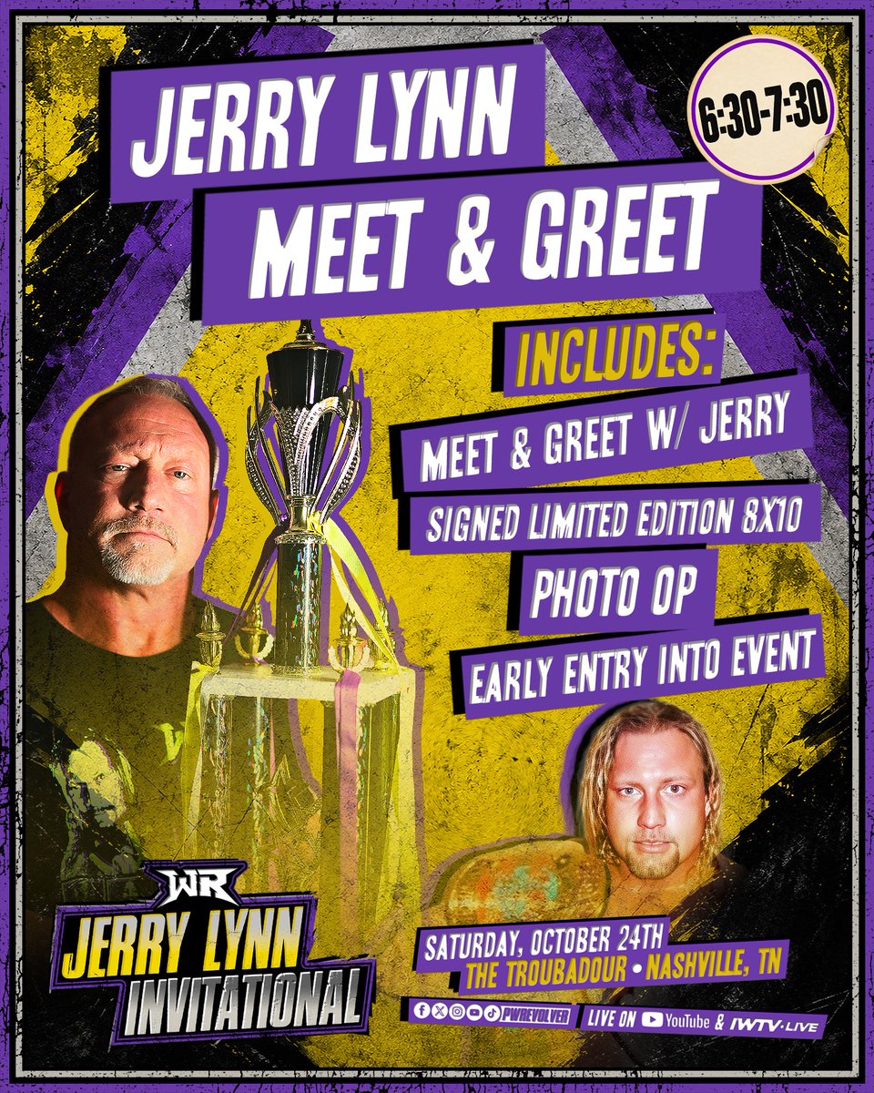 PWRevolver's tweet photo. [BREAKING]

Jerry Lynn will be doing a RARE meet &amp; greet, at this Saturdays show in Nashville!

INCLUDES: Meet &amp; Greet with/ Jerry, Limited Edition Signed 8x10, Photo Op, &amp; early entry into event

🎟️ https://t.co/OjniPpyhtn

#RevolverJerry https://t.co/Vsry4ooyTq