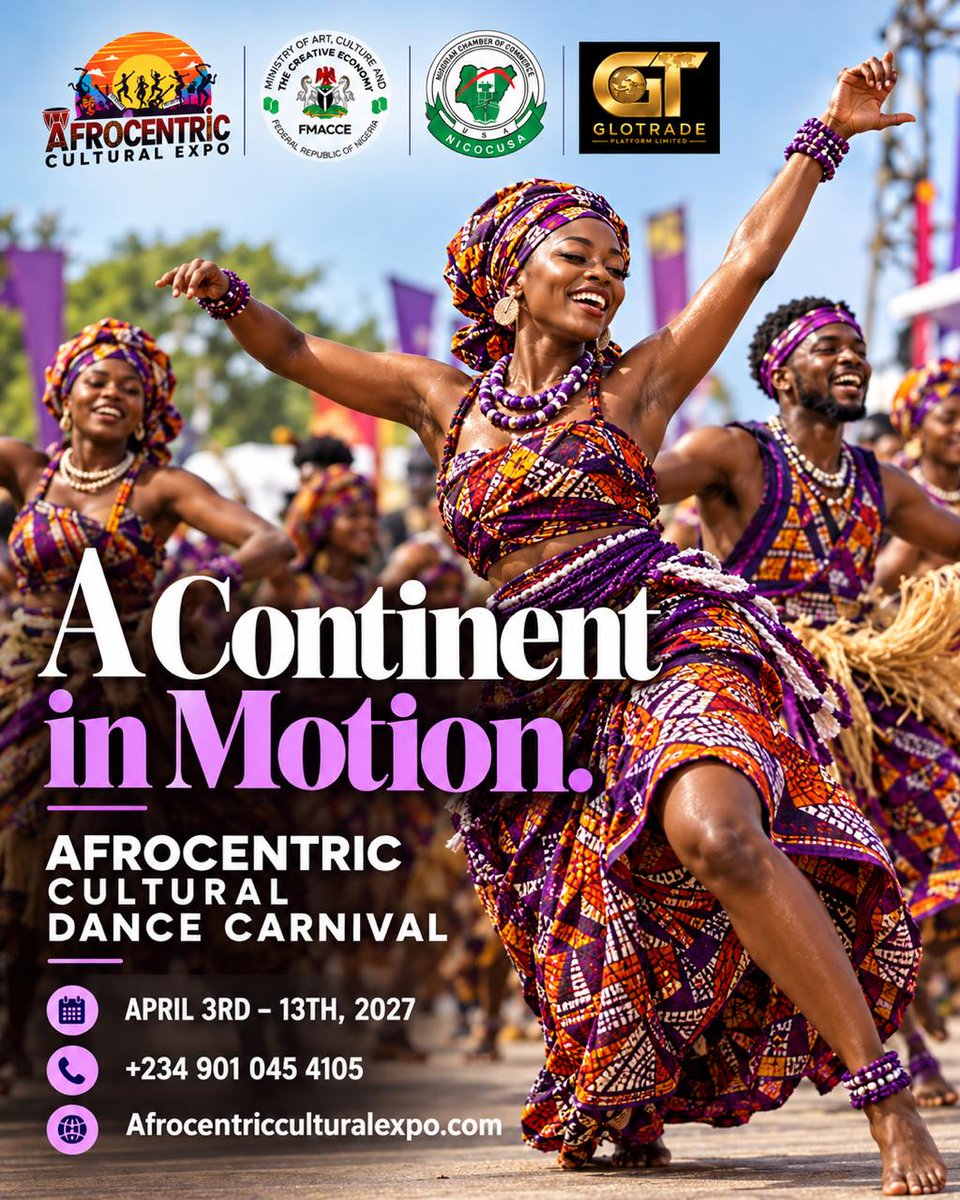 AfrocentricExpo's tweet photo. A continent in motion. 💃

The Cultural Dance Carnival at the Afrocentric Cultural Expo 2027 brings African rhythm, costume and movement to life.

📍 Abuja | April 3 to 13

 https://t.co/LXJ0yAsHdp

#CulturalDanceCarnival #AfricanDance #AfrocentricCulturalExpo https://t.co/orVhmtEh9Q