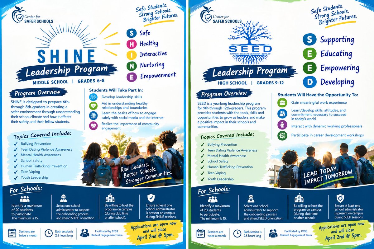 NCSaferSchools's tweet photo. ✨ #SHINE &amp; #SEED applications are OPEN! Is your school ready to develop the next generation of #StudentLeadership?
We're seeking 4 schools — 1 middle school and 1 high school from both Eastern and Western NC!
#CFSS #NCSaferSchools #StudentEngagement
@SBI1937 @ncpublicschools https://t.co/BsQeoFxYBI