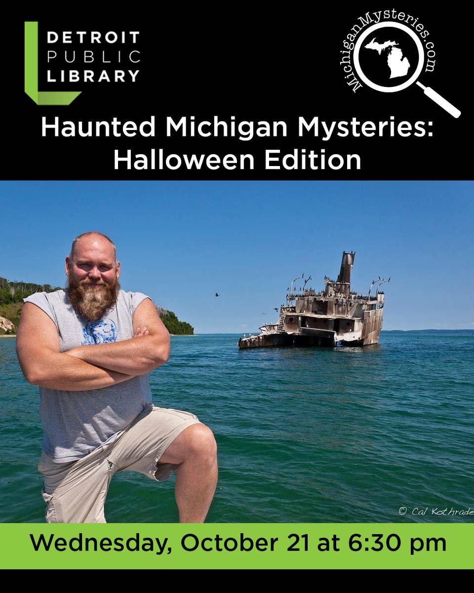 DetroitLibrary's tweet photo. Come to the #detroitpubliclibrary Main Library tomorrow at 6:30 pm for a #spooky evening filled with real tales of surreal happenings! Author and shipwreck hunter Ross Richardson will present #Haunted Michigan Mysteries: #Halloween Edition!

https://t.co/vmJqxl4YOU https://t.co/pKjudJZ0IL