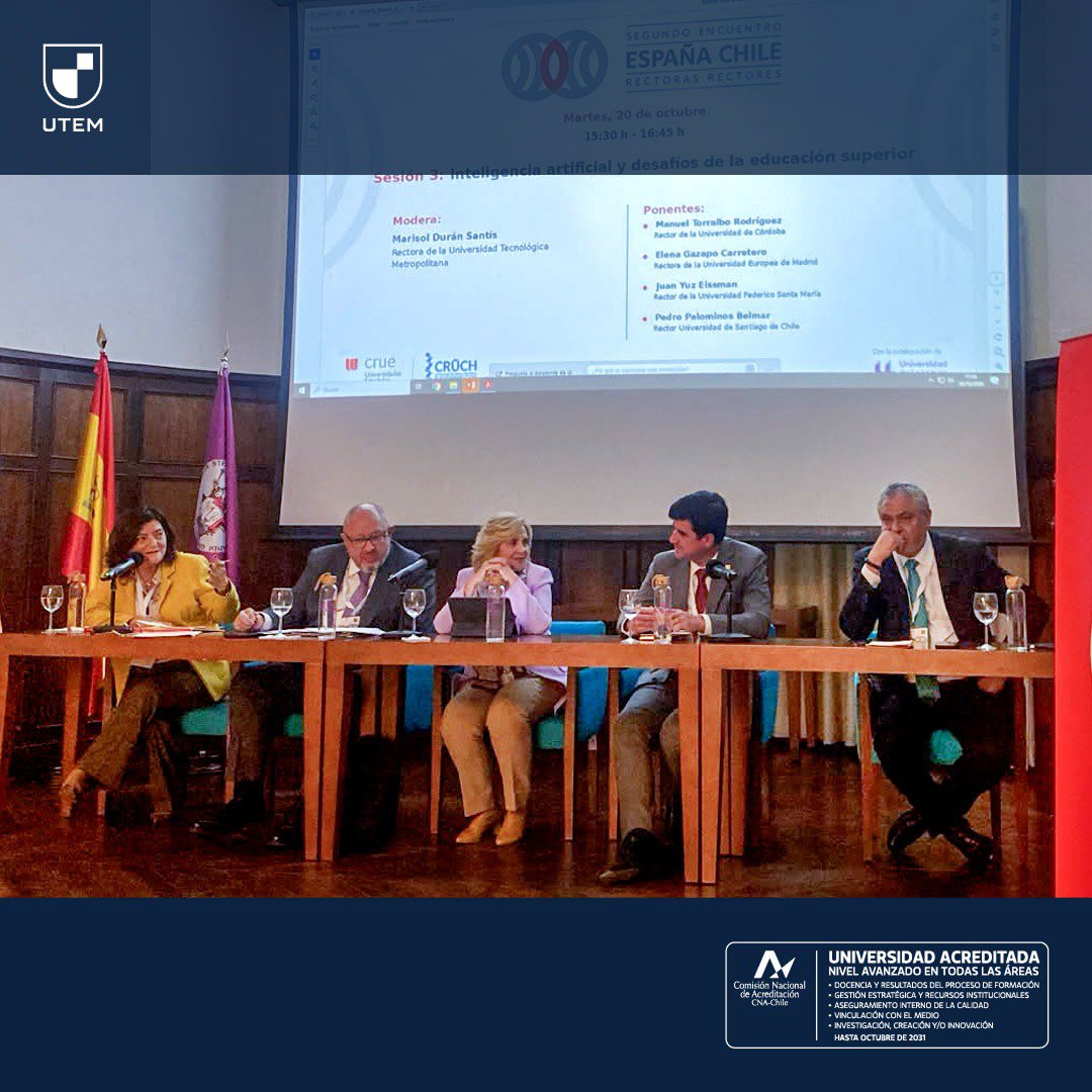 utem's tweet photo. #RepresentantesUTEM | La rectora y presidenta de las @uestatales , @Mpdurans , moderó el panel "Inteligencia Artificial y desafíos de la educación superior, como parte del II Encuentro de Rectoras y Rectores España–Chile", que tiene lugar en la Universidad de La Laguna, Tenerife. https://t.co/49eLqB8fma