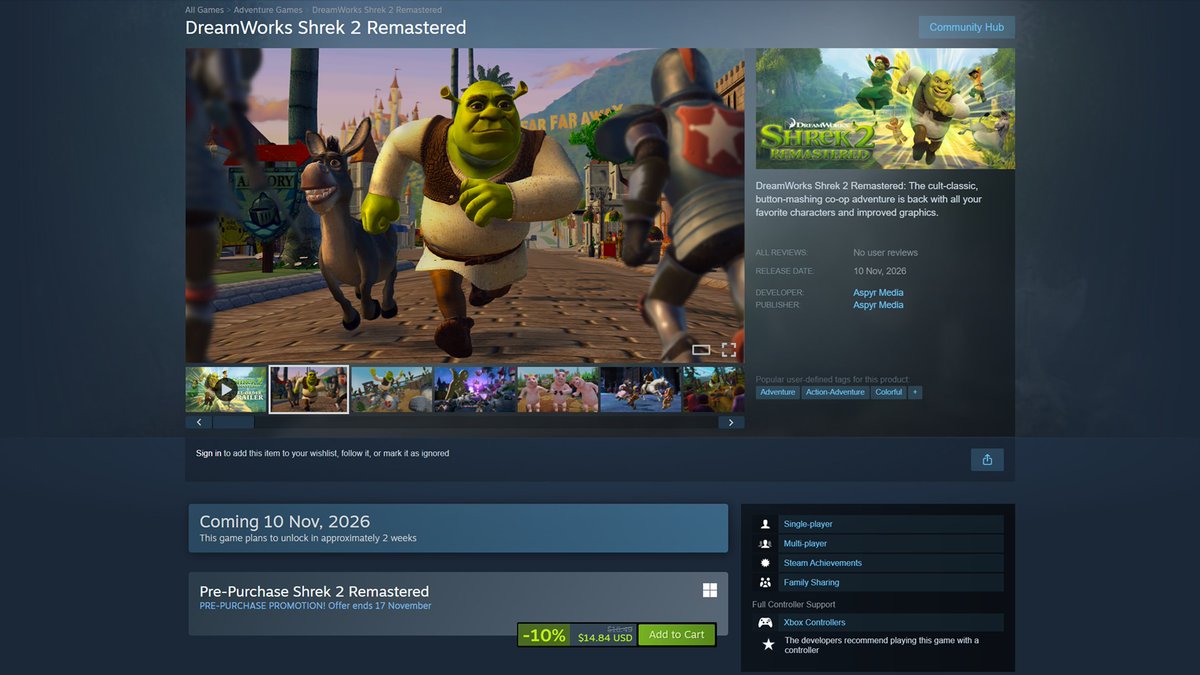 VGTimes's tweet photo. 😳 Shrek 2 Remaster will need at least an RTX 4060 and 16 GB of RAM

The remaster is available to pre-order for $26.99.