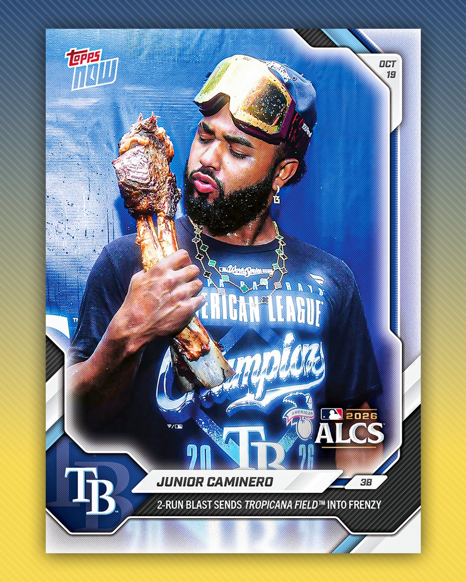 Topps's tweet photo. Junior Caminero is eating a steak on the short print of his newest trading card 😭 https://t.co/6jSrf7yMCp
