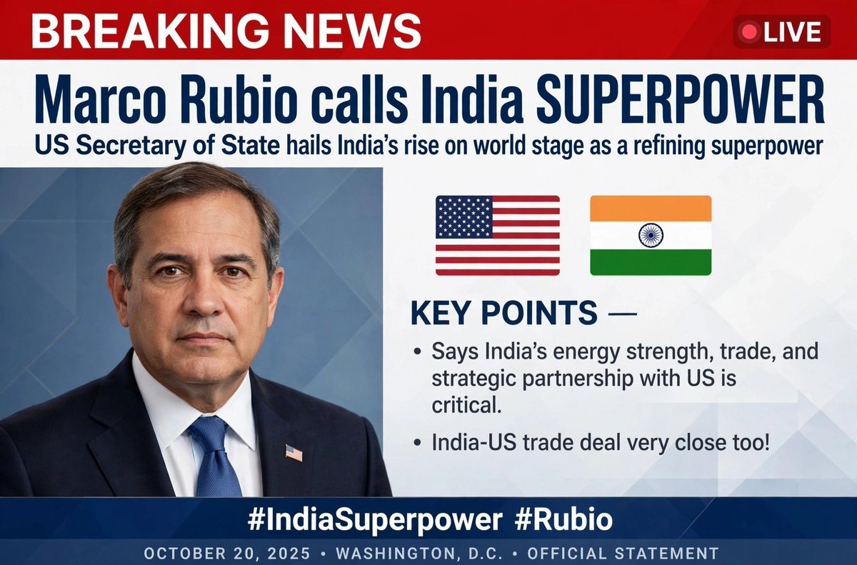 Americanisbh08's tweet photo. 🚨 Marco Rubio calls India SUPERPOWER

US Secretary of State hails India's rise on world stage as a refining superpower.

Says India's energy strength, trade, and strategic partnership with US is critical.

India-US trade deal very close too! https://t.co/n28BpYQnnn