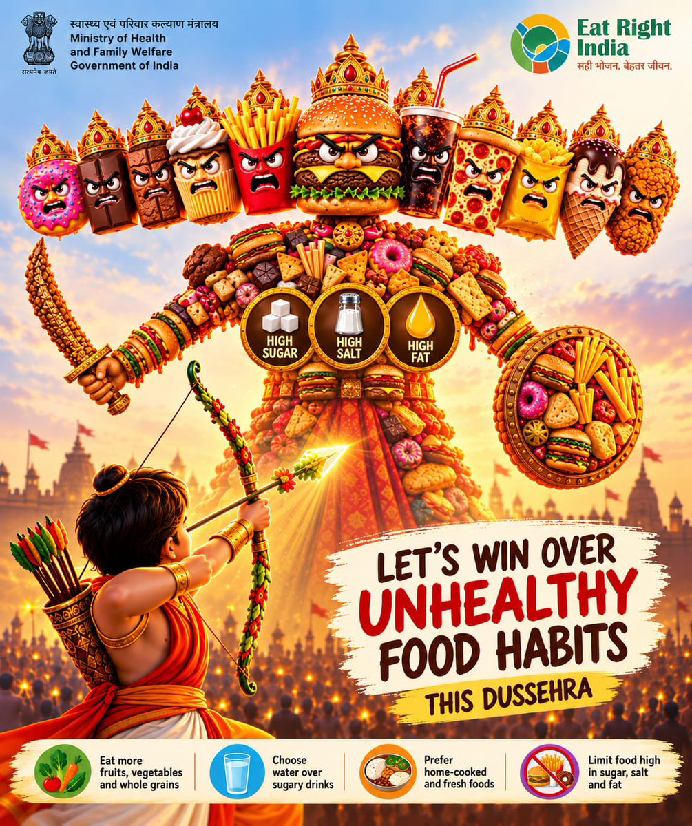 MoHFW_INDIA's tweet photo. 🏹 This Dussehra, let’s defeat the Ravan on our plates!

🔥 High Sugar. High Salt. High Fat.

Let healthy choices triumph over unhealthy food habits!

🥗 Eat fresh. Eat balanced. Eat Right.

This Dussehra, let good health win! ✨

#EatRightIndia #HealthyIndia #Dussehra #HealthForAll