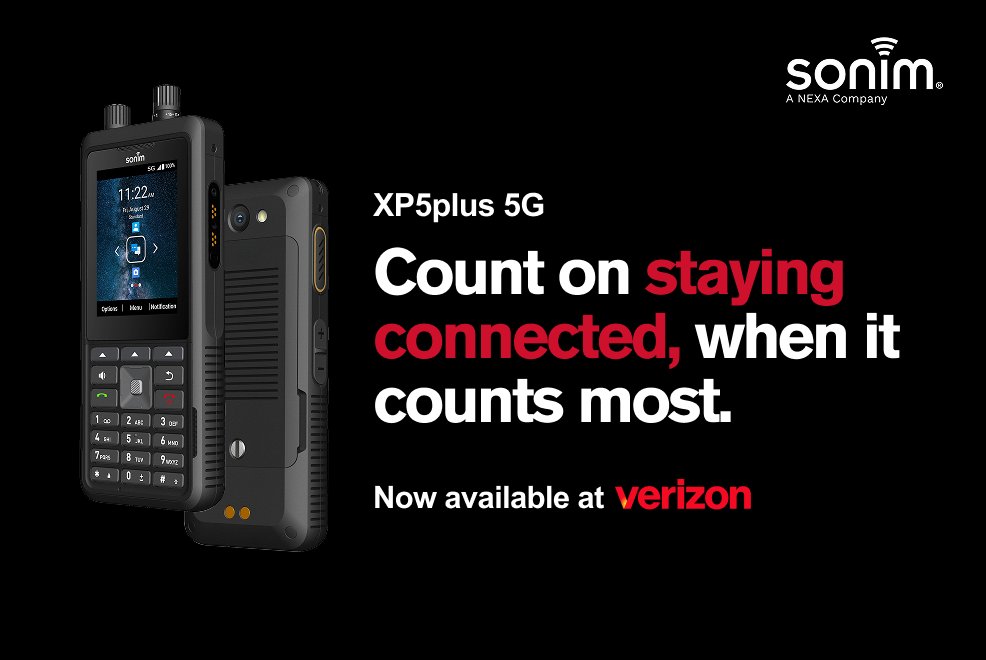sonimtech's tweet photo. The Sonim XP5plus 5G takes push-to-talk further, using cellular and Wi-Fi networks to help keep teams connected across a broader communications footprint.

Now available through @VerizonBusiness.

A Better Way to Two-Way™.

Learn more: https://t.co/KvkOEuV3ma

#PushToTalk https://t.co/rAyY5dKH2v