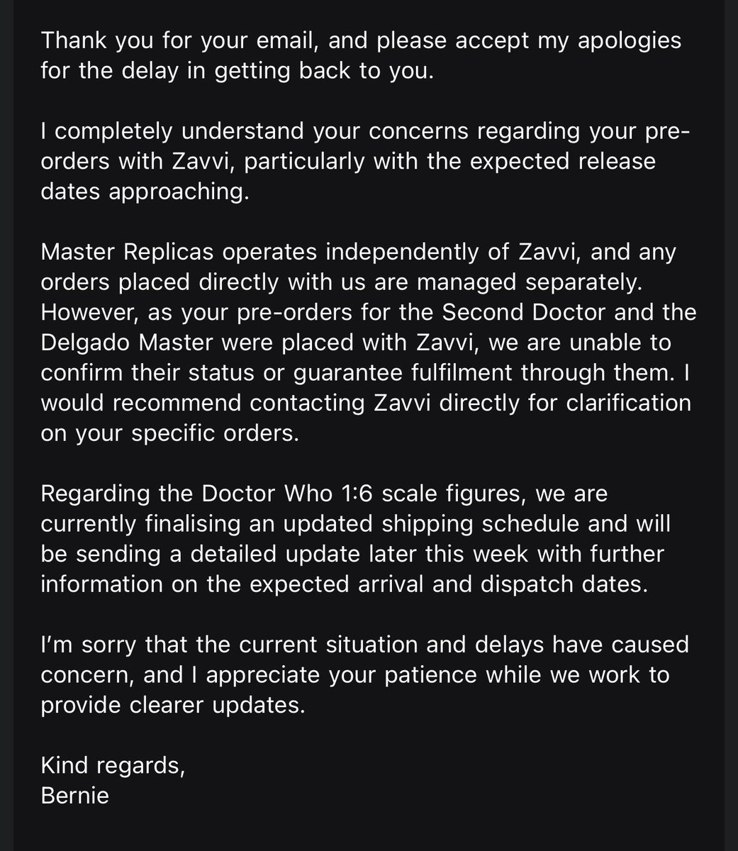 BeingProblem's tweet photo. @AtumMirabilis @Inquisitormerci @bbcstudios Told it’s not their problem, effectively. @bbcstudios should be stepping in to demand Master Replicas honour orders made via Zavvi at those original prices if we can prove we ordered them over a year ago. https://t.co/obpbV0LRYW