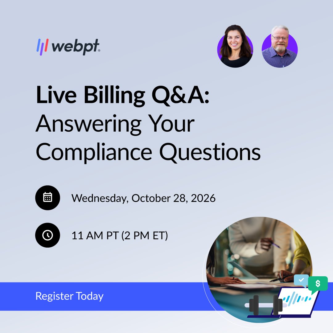 WebPT's tweet photo. What’s scarier than any haunted house? Trying to navigate insurance rules and regulations that can read like their own horror novel. 

We’re here to help you get the answers you’re looking for with our annual live billing Q&A webinar, where we’ve assembled experts to answer the compliance questions leaving you in a cold sweat.

Register today: https://t.co/5CRSn7VzTQ 
#RehabTherapy #WebPTWebinar