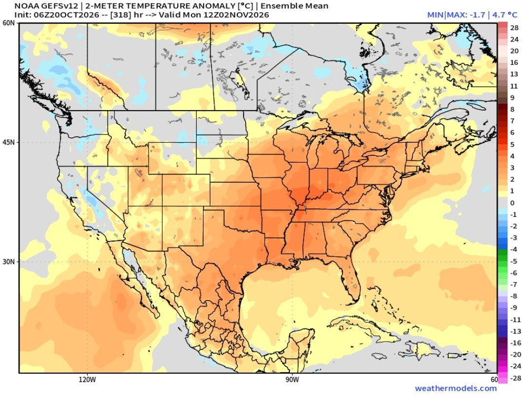 naturemccurdy's tweet photo. Great fall weather! 🍂 Warm colors on anomaly maps do not mean extreme heat. With early November averages well into the 50s, warm colors on the maps are not all that warm. Expect a brief cooldown before Halloween, then a warm-up. No heat ahead, friends! 🍁 https://t.co/XN69YdBK2W