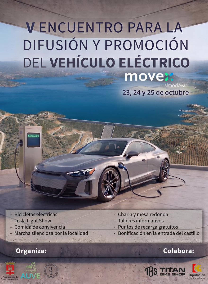 AsociacionAUVE's tweet photo. ⚡ ¡Vuelve el V Encuentro Movex Almodóvar 2026!
Un fin de semana imprescindible para la difusión y promoción del vehículo eléctrico en Córdoba.

📅 23, 24 y 25 de octubre
📍 Almodóvar del Río (Córdoba)
¿Qué te espera? 
🔌 Puntos de recarga gratuitos
🔋 Charlas, mesas redondas y talleres informativos
✨ Espectacular Tesla Light Show
🤫 Marcha silenciosa por la localidad
🚲 Bicicletas eléctricas
🏰 Bonificación en la entrada del castillo
🍽️ Comida de convivencia

Organizan @AytoAlmodovar y @asociacionauve.

👉 Más detalles e inscripciones: https://t.co/y29dlCGBeA
¡Te esperamos! 🚗⚡
#Movex2026 #VehiculoElectrico #AUVE #MovilidadSostenible #AlmodovarDelRio