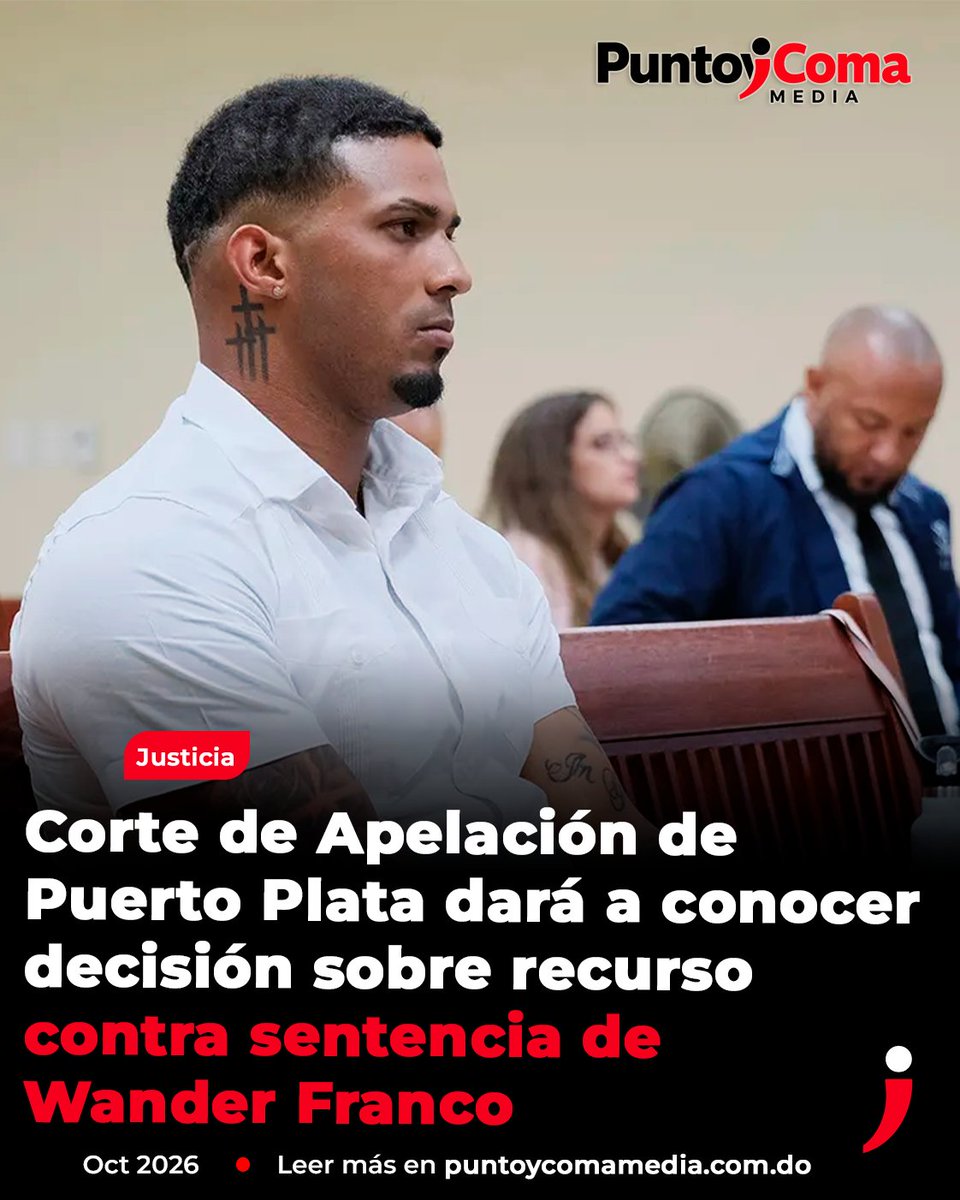 punt0ycomamedia's tweet photo. Este martes se conocerá una decisión clave en el caso de Wander Franco.

La Corte de Apelación de Puerto Plata dará lectura íntegra a su decisión sobre el recurso del Ministerio Público contra la sentencia que concedió perdón judicial al pelotero, declarado penalmente responsable de abuso sexual y psicológico contra una menor de edad.

La Fiscalía cuestiona la sanción impuesta y busca revertir la decisión de primera instancia.

Para ampliar esta y otras noticias, visite: https://t.co/vAxWWDedC4

#WanderFranco #PuertoPlata #Justicia #MinisterioPúblico #RepúblicaDominicana