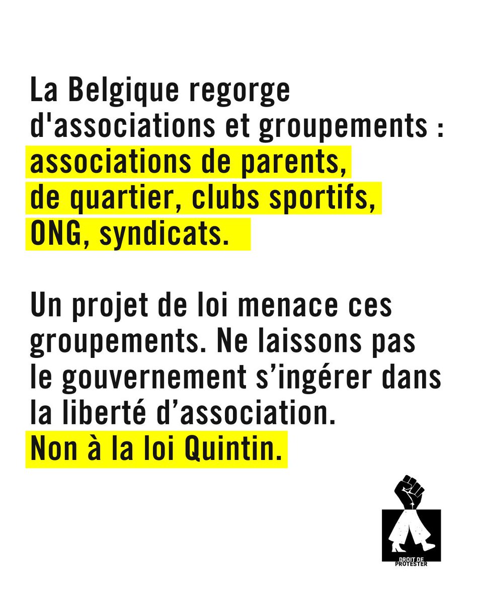 amnestybe's tweet photo. Ce mardi, Amnesty Belgique &amp; partenaires appellent parlementaires belges à rejeter le projet de loi Quintin :

👉 Interdiction d'associations par procédure expéditive, sans garanties judiciaires
👉 Menace liberté d'expression &amp; d'association

🤜 Signez : https://t.co/sx8Zcg30aI https://t.co/LcDXY1ryqf