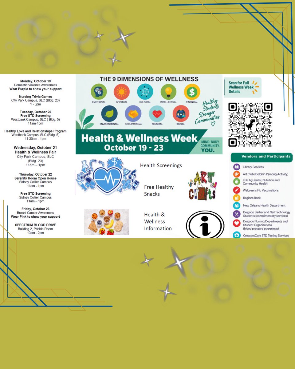 DelgadoLibrary's tweet photo. Join us for Wellness Week this whole week at Delgado Community College!
From Monday, October 19 through Friday, October 23rd, you are invited to several events that focus on the importance of your health and well-being! https://t.co/hnk7YxlZqa