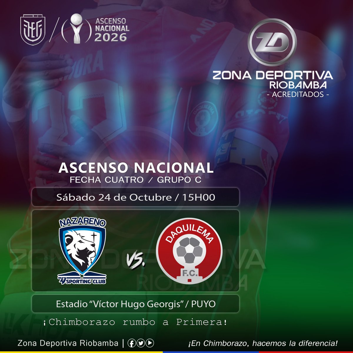 roldan_jimmy's tweet photo. #AscensoNACIONAL
¡𝙀𝙇 𝙈𝙄𝙇𝙀𝙉𝘼𝙍𝙄𝙊 𝙋𝙊𝙍 𝙀𝙇 𝙏𝙍𝙄𝙐𝙉𝙁𝙊!
#RumboAPrimera
Cotejo:
#NazarenoSC vs #DaquilemaFC
Estadio "Vìctor H. Georgis" - #Puyo
Sàbado 24 de Octubre / 15h00
#FechaCUATRO / #Cuadrangular / #GrupoC / #FaseFinal / #SegundaEC
Informa: #JimmyRoldàn https://t.co/qC2E08nPuT