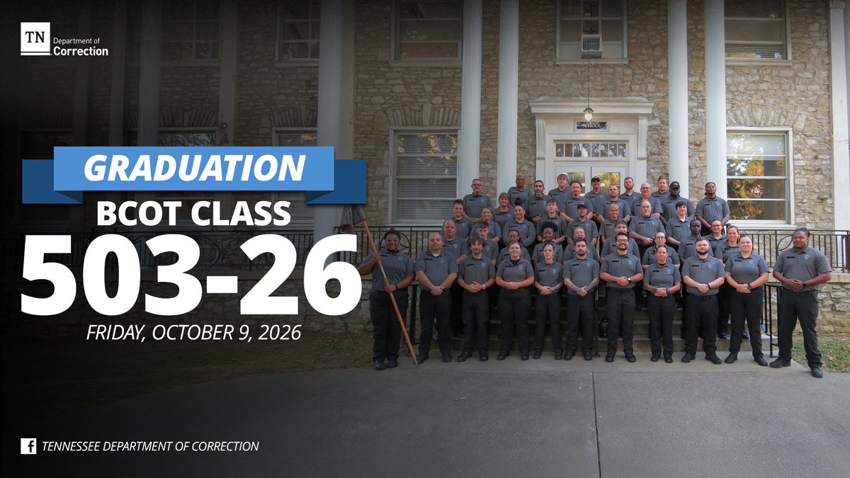 TNTDOC1's tweet photo. Congratulations to the 42 graduates of BCOT Class 503-26!

We're proud of their hard work and dedication as they begin their careers serving Tennessee. Join us in celebrating these new officers and their accomplishments!

🎥 https://t.co/opqUBJsdm7 https://t.co/75VJhGRvNS