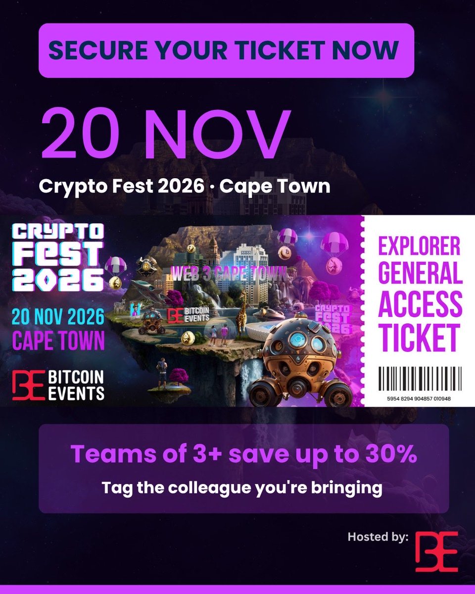 BitcoinEventsCo's tweet photo. 1 month to Crypto Fest 🇿🇦
20 Nov · Workshop 17, Cape Town
Founders, bankers, regulators, investors &amp; builders  - the people you usually only meet over email - in one room.
Seats are filling fast.

 Tickets also at the door. 🎟️ https://t.co/L2nujYiP0t https://t.co/0ouFBg3kHt