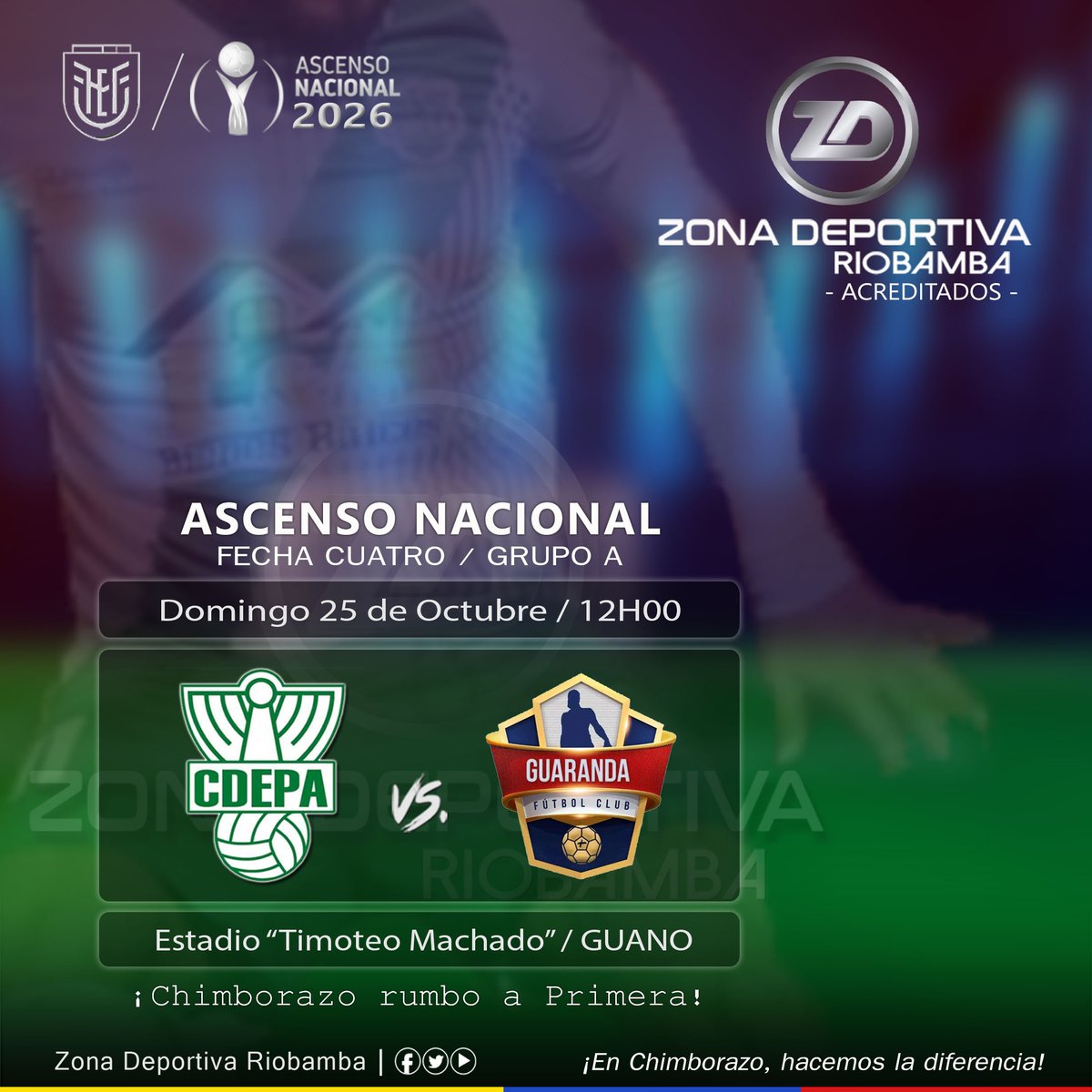 roldan_jimmy's tweet photo. #AscensoNACIONAL
¡𝘼𝙇𝙄𝘼𝙉𝙕𝘼 𝙋𝙊𝙍 𝙀𝙇 𝙏𝙍𝙄𝙐𝙉𝙁𝙊!
#RumboAPrimera
Cotejo:
@AlianzadeGuano vs #GuarandaFC
Estadio "Timoteo Machado" - #Guano
Domingo 25 de Octubre / 12h00
#FechaCUATRO / #Cuadrangular / #GrupoA / #FaseFinal / #SegundaEC
Informa: #JimmyRoldàn https://t.co/SRkofbADAq