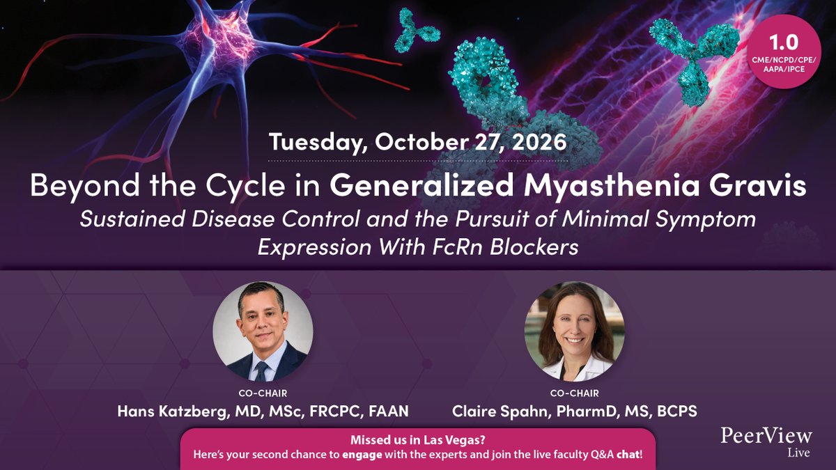 PeerView's tweet photo. Gain clarity on how patients experience #GeneralizedMyastheniaGravis, what to look for in clinical practice, and steps for early intervention. Plus, chat your questions live to Drs. Hans Katzberg &amp; Claire Spahn! 10/27 at 7:00 PM EDT: https://t.co/s5knrzmRWD #IgNS2026 #neurology https://t.co/1YFjnenwPQ