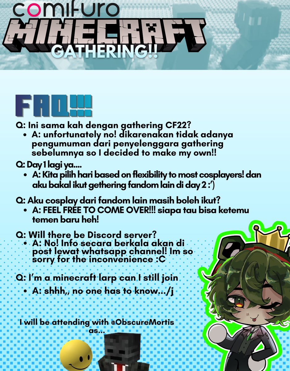 mcytbase's tweet photo. ⛏️ HELLO!! ARE YOU A MINECRAFT COSPLAYER? YOU’RE HAVING A FOMO THAT YOU COULDNT ATTEND LAST GATHERING? (Me too…) WELL WORRY NOT!!

Me and my friend are planning to make a small Minecraft gathering for minecraft fans on day 1!! BRING YOUR ART AND TRADE FELLAS! https://t.co/jn9oiexpZa