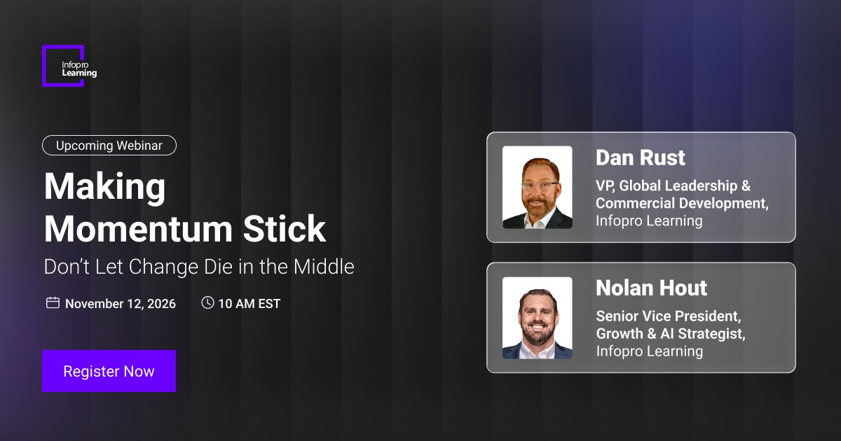 InfoproLearning's tweet photo. Momentum loss shows up long before anyone says the change is failing. @danrust and @Nolanhout show how to spot it on November 12, 2026 at 10 AM EST: https://t.co/bL2sYDxcgY

#changemanagement #leadershipdevelopment #organizationaldevelopment #webinar #leadershipbehavior https://t.co/PNMPlHvEs4