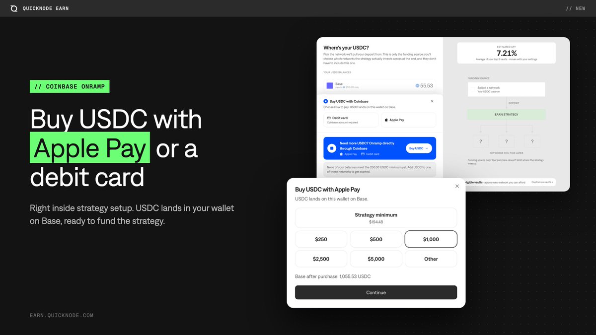 Quicknode's tweet photo. Until now, starting a strategy meant you already had USDC in your wallet.

Now you can buy it through @Coinbase inside the strategy setup, with Apple Pay (no Coinbase account needed) or a debit card, and it lands in your wallet on @base, ready to fund the strategy👇 https://t.co/upw4Hnzw8s