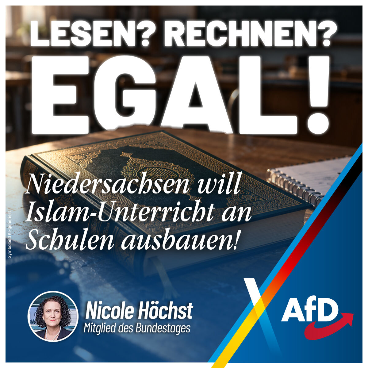 Nicole_Hoechst's tweet photo. Während Betriebe in Niedersachsen bereits eigene Lehrer einstellen müssen, weil Schulabgänger nach zehn Jahren weder flüssig lesen noch die einfachsten Grundrechenarten beherrschen, setzt die grüne Kultusministerin Julia Willie Hamburg völlig verstörende Prioritäten: Das Angebot an islamischem Religionsunterricht soll trotz akuten Lehrermangels flächendeckend ausgebaut und künftig sogar auf berufsbildende Schulen ausgeweitet werden. Gemeinsam mit islamischen Verbänden will das Land nun gezielt um Nachwuchs an Universitäten werben.

Seine Kernaufgaben lässt dieser Staat sträflich schleifen, während er seinen bürokratischen und weltanschaulichen Einfluss immer weiter ausdehnt. Wenn die Vermittlung von Sprache und Rechenfähigkeit kollabiert, wird nicht etwa das Leistungsprinzip wieder eingesetzt, sondern stattdessen die Fragmentierung der Gesellschaft an den Schulen vorangetrieben. Wer den verheerenden Verfall der Grundbildung ignoriert, aber die Etablierung von Islamunterricht an Berufsschulen zur Priorität erklärt, opfert die Zukunft unseres Wirtschaftsstandorts auf dem Altar einer gescheiterten Multikulti-Doktrin.

Ein Schulsystem, das Jugendlichen nicht einmal mehr das fehlerfreie Lesen und Rechnen beibringt, hat kein Geldproblem, sondern ein gewaltiges Prioritätenproblem! Dass die grüne Kultusministerin in Niedersachsen mitten im Bildungsnotstand den Ausbau des Islamunterrichts zur Chefsache macht, ist ein Schlag ins Gesicht für jeden Ausbildungsbetrieb und jeden Leistungsträger. Unsere Schulen brauchen keine Sonderprojekte für Islamverbände, sondern die sofortige Rückkehr zur harten Vermittlung von Grundwissen, Disziplin und unserer eigenen europäischen Leitkultur.