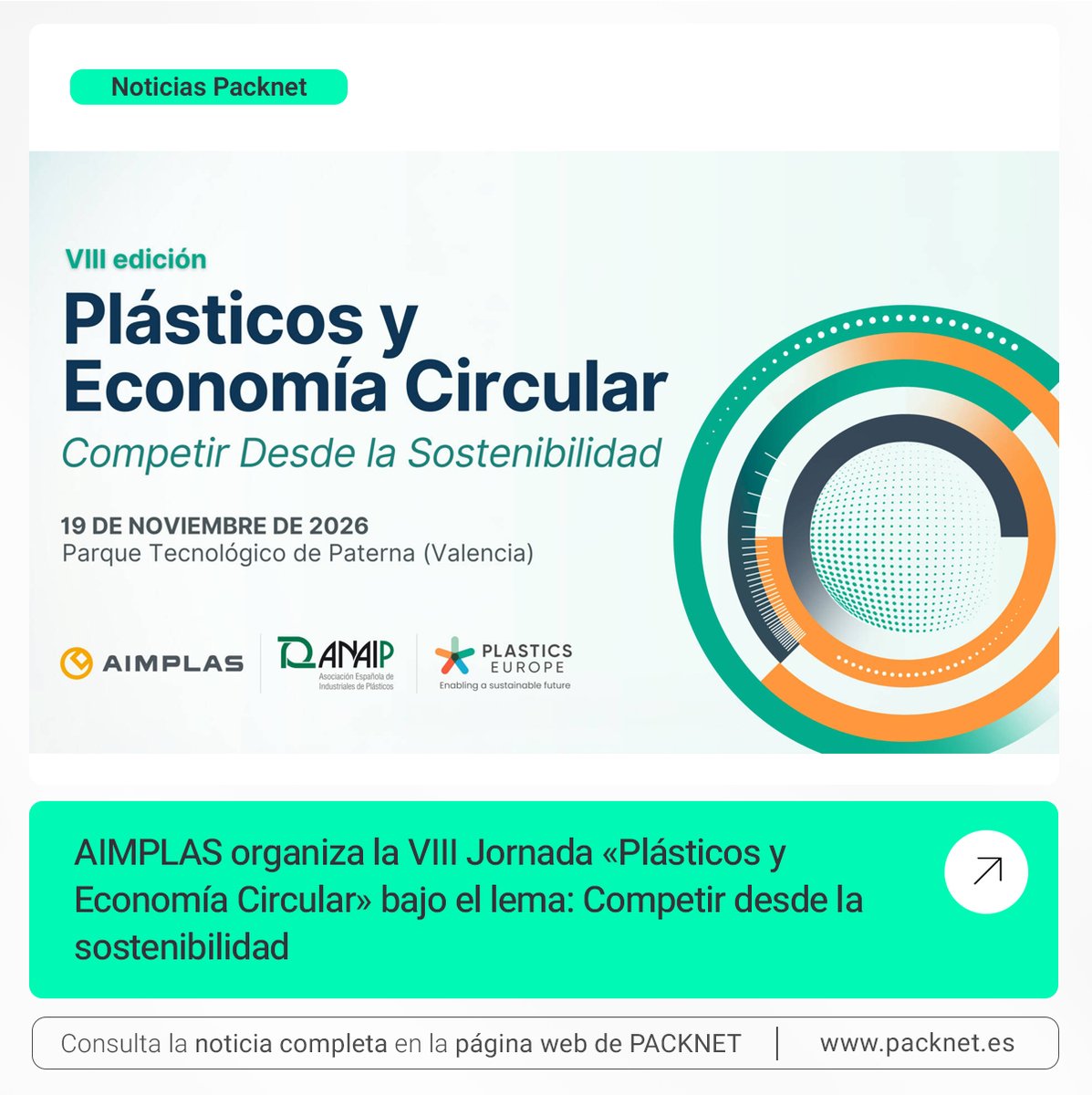Packnet_'s tweet photo. ℹ️ El 19/11, @aimplas organiza la VIII Jornada «Plásticos y Economía Circular» junto a @ANAIP_es y @PlasticsEuropES, bajo el lema «Competir desde la sostenibilidad».

🌐 Programa: https://t.co/1sXBqLOXYe

#EconomíaCircular https://t.co/JnpziaNUTa