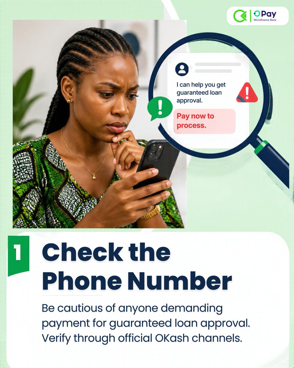 Okashnigeria's tweet photo. Stay sharp, stay safe! Spot the signs of fraud and protect yourself with these 3 simple steps. Remember, no one should ask for your password, NIN, or BVN. Borrow smart with OKash!
#OKash #FraudAlert #StaySafe #OPay #OnlineSafety #OPayMFB #ScamAwareness https://t.co/uGL5UBVBMl