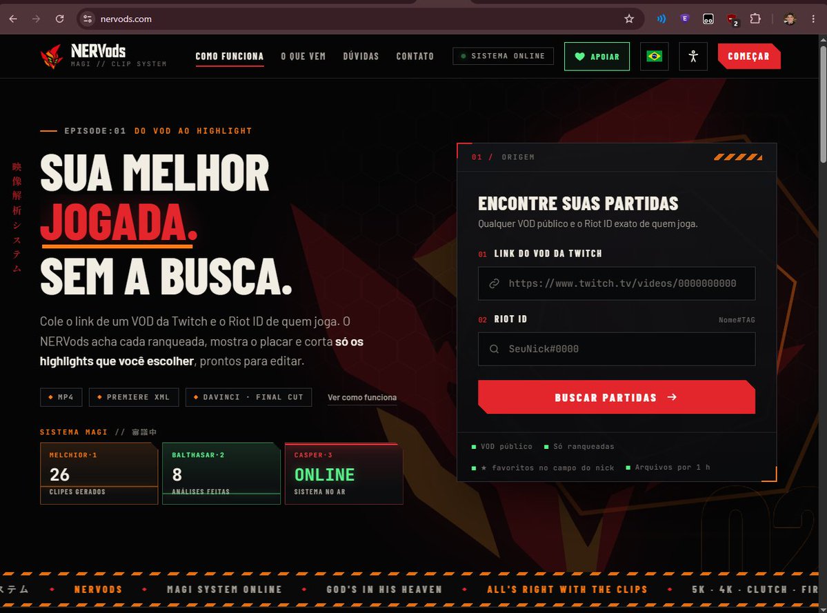 forgattin's tweet photo. oi editores e criadores de conteudo

fiz um site que pega o VOD da sua live na Twitch e corta sozinho as suas jogadas de Valorant

cola o link + seu Riot ID, escolhe as partidas e em poucos minutos sai tudo: 5K, 4K, clutch, fb…

grátis e sem cadastro: https://t.co/KuaK6tOd0U https://t.co/nfl9kkB6cr