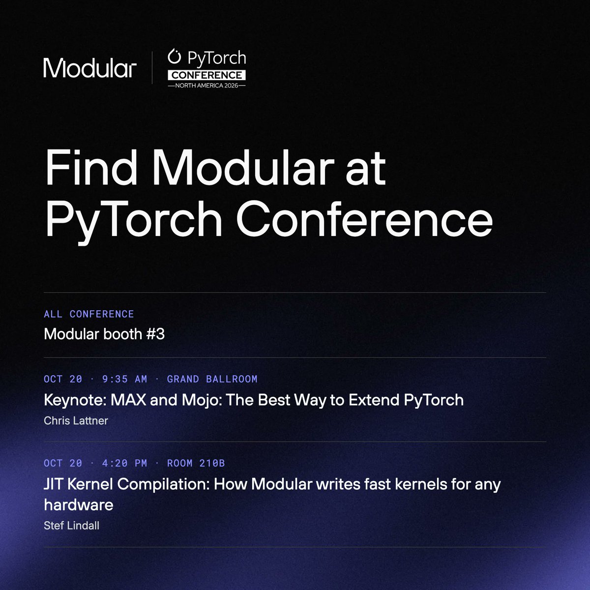 Modular's tweet photo. #PyTorchCon kicks off today, and we’re excited to spend the next two days with the PyTorch community.

In a few hours, @clattner_llvm delivers a keynote: “MAX and Mojo: The Best Way to Extend PyTorch” (9:35 AM, Grand Ballroom). This afternoon, Stef Lindall goes deep on how we compile fast kernels for whatever hardware you’re running (4:20 PM, Room 210B).

Throughout the conference, you can find us at booth #3 to talk accelerators, compilers, and open roles. Stop by today to grab a MAX and Mojo T-shirt while supplies last.
