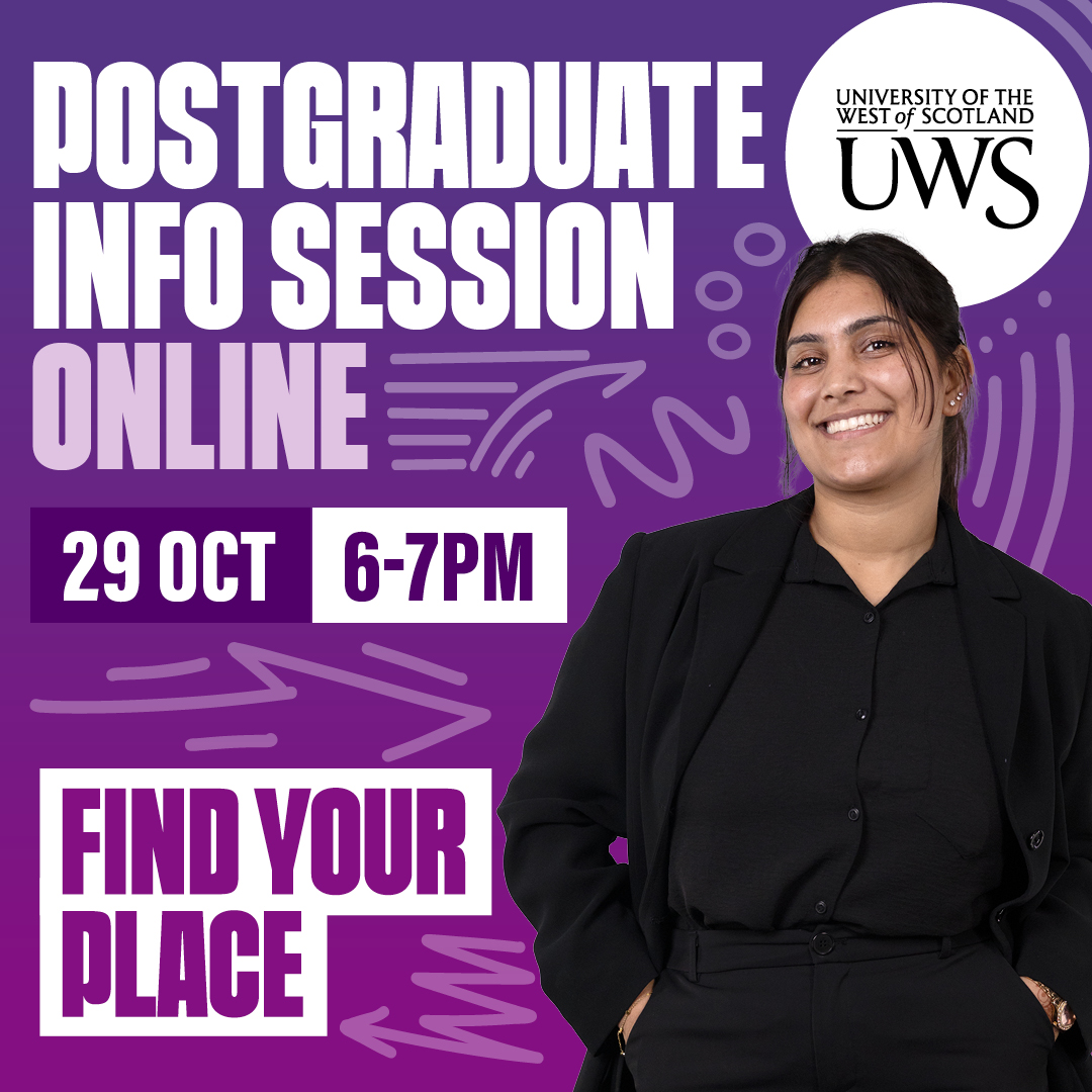 UniWestScotland's tweet photo. Considering #postgraduate study in 2027? Join our upcoming online info session on 29 October to hear more about our courses, meet our team and ask any burning questions you have. 🤝 

Book now: https://t.co/7OBdKGPMfU https://t.co/QxUzPB0Lkx