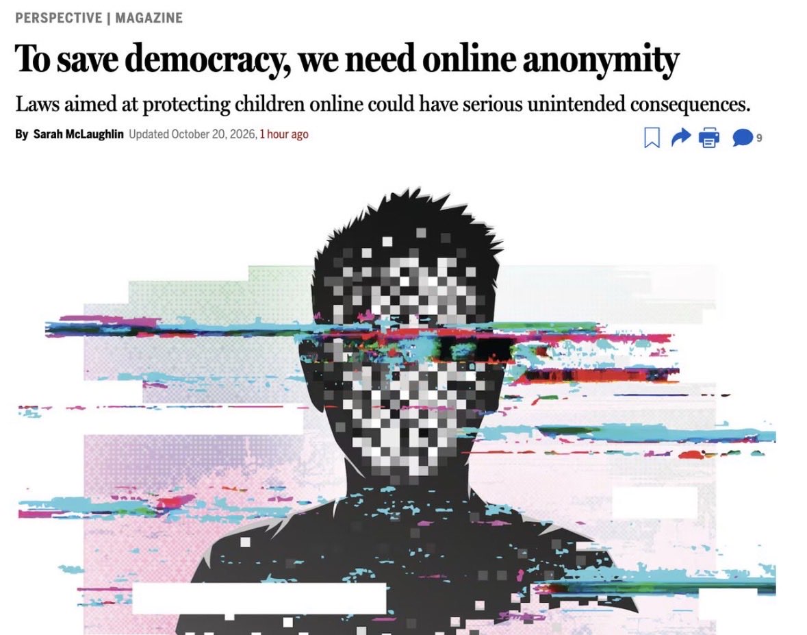sarahemclaugh's tweet photo. Anonymity is one of the best guards we have against consequences ranging from social embarrassment to overt government oppression. So why are we giving it up without a fight?

My latest at @BostonGlobe on free speech, anonymity, and the changing internet: https://t.co/wHA3HV1BsM https://t.co/qpE3OTCMdb