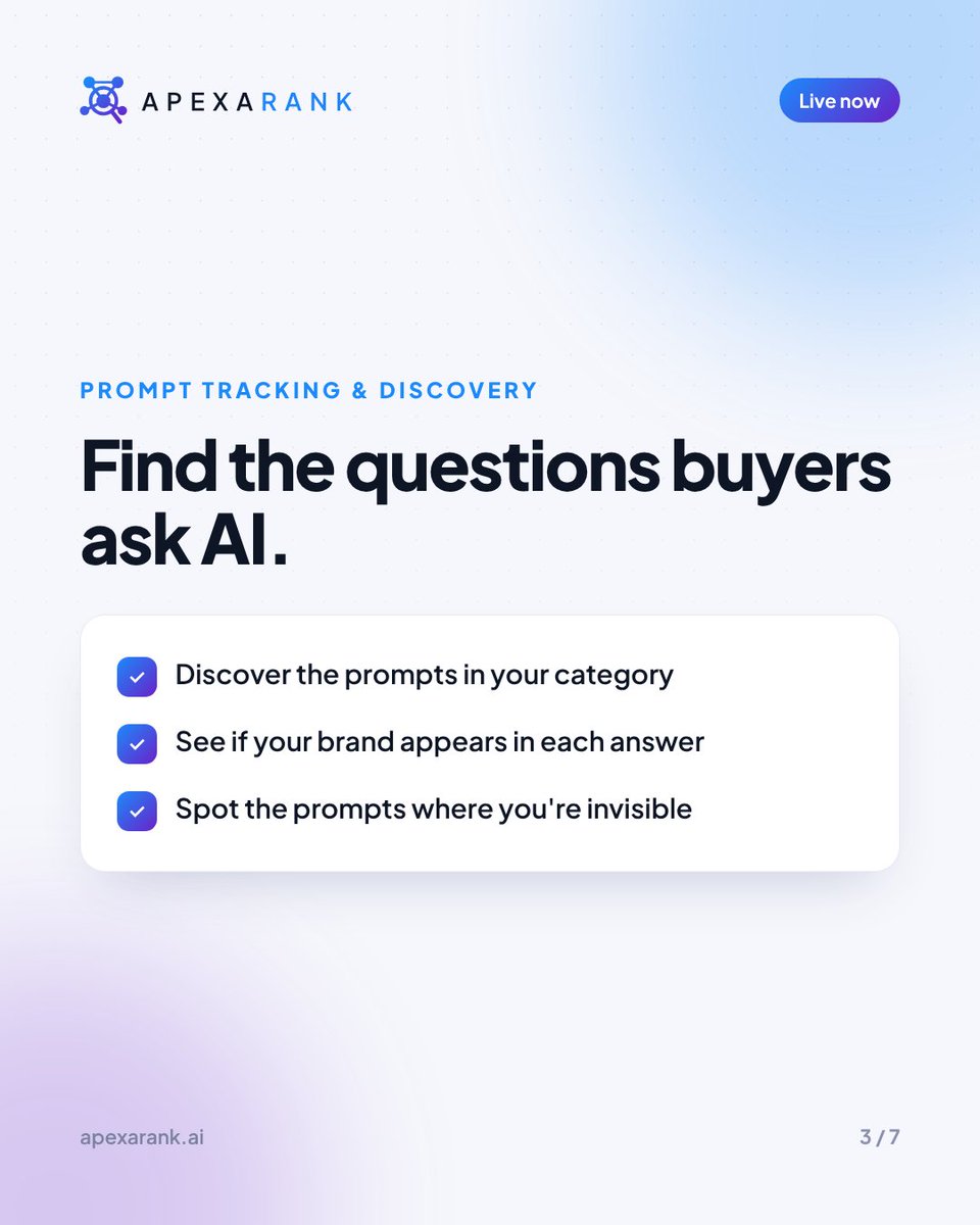 apexarankai's tweet photo. https://t.co/kAH0jURSmb is live.
Your customers are asking AI what to buy, who to hire and which tool to trust. Until today, most brands had no idea what AI said back.
Get your free report today : https://t.co/e2Nfx2Yc64

#AIVisibility #GenerativeEngineOptimization #AISearch https://t.co/HEgEXQKojp