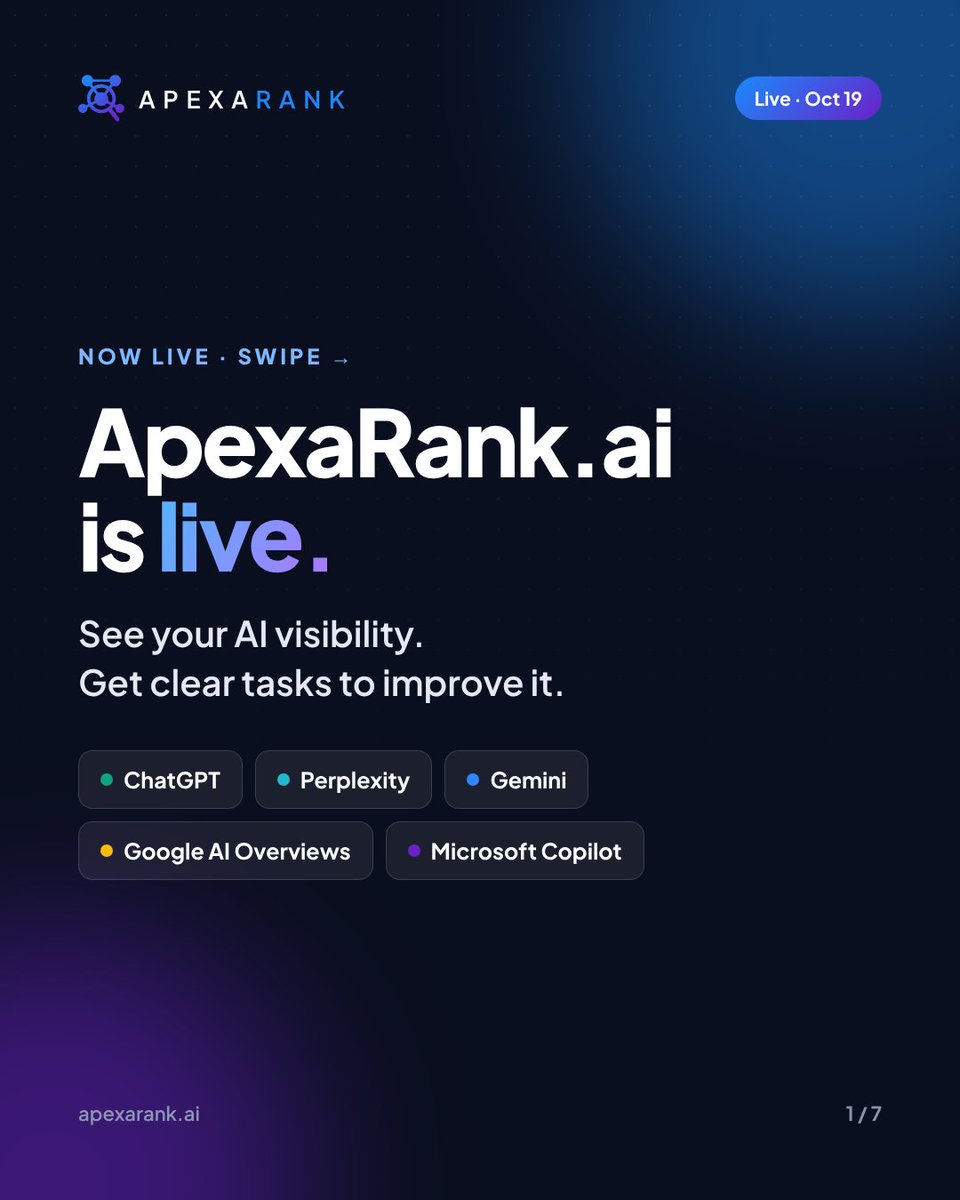 apexarankai's tweet photo. https://t.co/kAH0jURSmb is live.
Your customers are asking AI what to buy, who to hire and which tool to trust. Until today, most brands had no idea what AI said back.
Get your free report today : https://t.co/e2Nfx2Yc64

#AIVisibility #GenerativeEngineOptimization #AISearch https://t.co/HEgEXQKojp