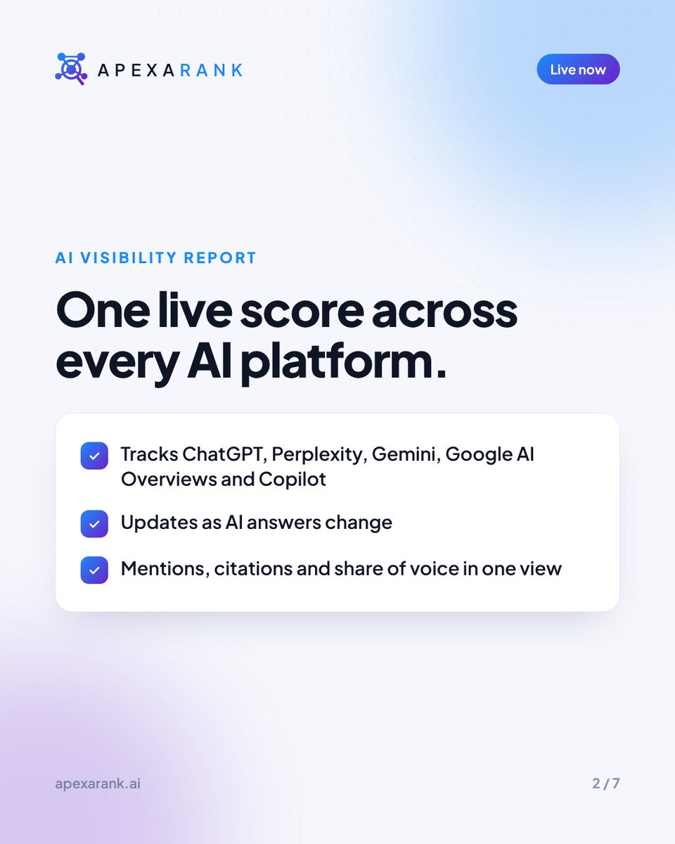 apexarankai's tweet photo. https://t.co/kAH0jURSmb is live.
Your customers are asking AI what to buy, who to hire and which tool to trust. Until today, most brands had no idea what AI said back.
Get your free report today : https://t.co/e2Nfx2Yc64

#AIVisibility #GenerativeEngineOptimization #AISearch https://t.co/HEgEXQKojp