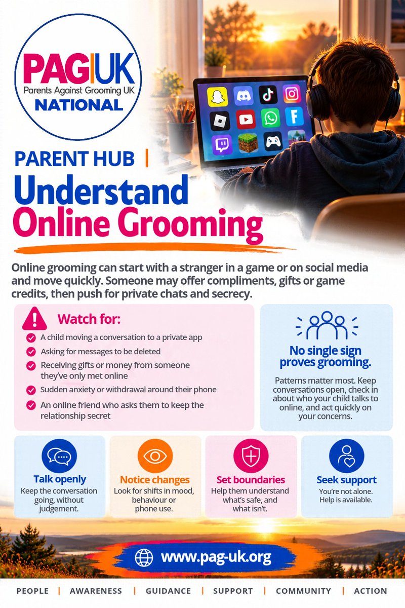 PAGUK_National's tweet photo. PARENT HUB | Understand Online Grooming 

🚩 Online grooming can start with a stranger in a game or on social media and move quickly. Someone may offer compliments, gifts, or game credits, then push for private chats and secrecy.

🚩 Watch for a child moving a conversation to a private app, asking for messages to be deleted, receiving gifts or money from someone they've only met online, sudden anxiety or withdrawal around their phone, and an online friend who asks them to keep the relationship secret.

No single sign proves grooming. Patterns matter most. Keep conversations open, check in about who your child talks to online, and act quickly on your concerns.

Awareness is protection. 

🩷🧡💙

#PAGUK