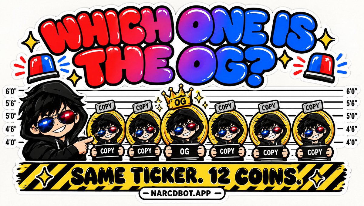 narcdbot's tweet photo. Same ticker, 12 coins. Which one is the OG? 🥊

Every Narc scan shows the PvP: every coin with that ticker, ranked, and which one launched first.

If you're holding the copy, Narc tells you.

Don't get farmed by the clone. https://t.co/IUAlkrA9ly