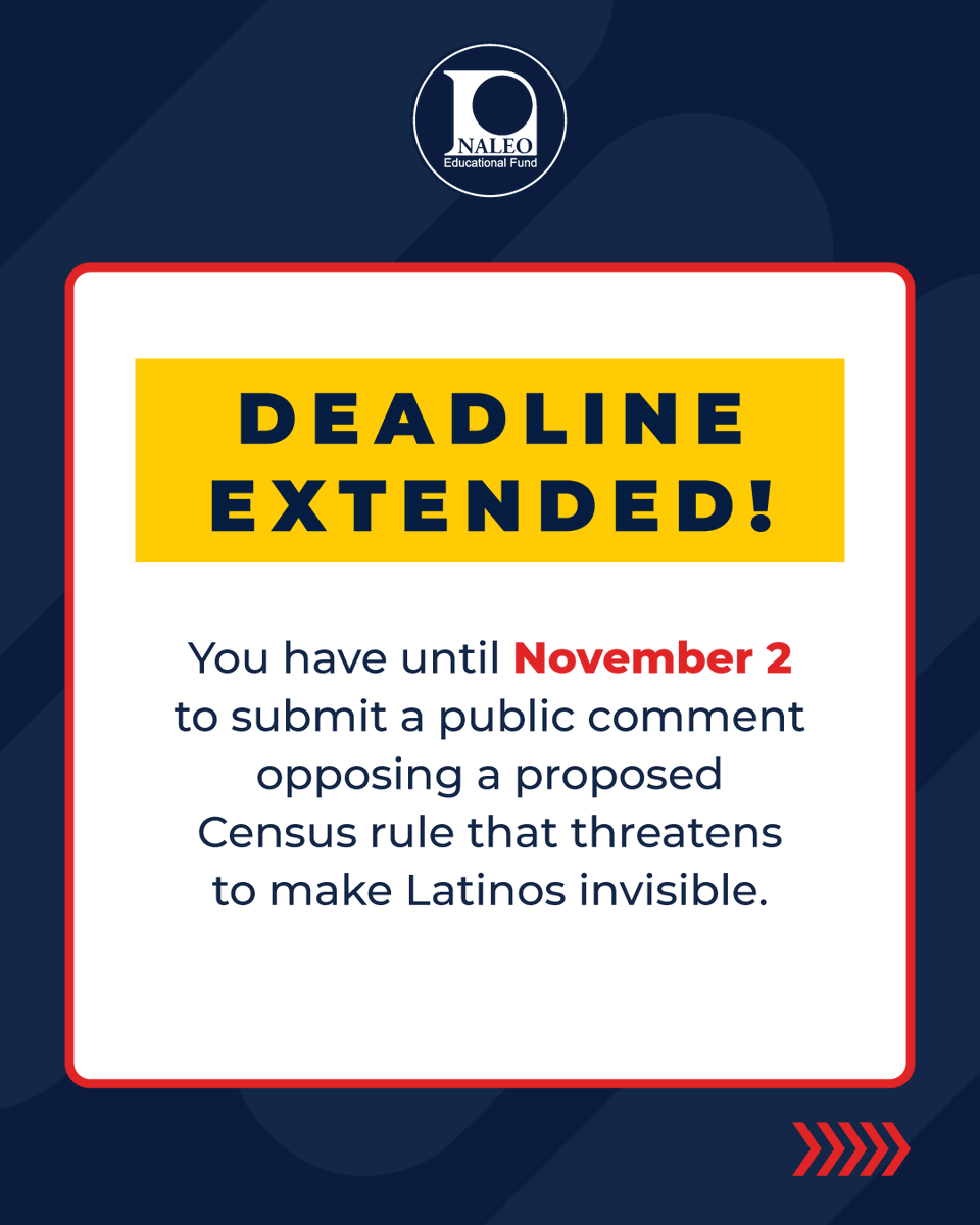NALEO's tweet photo. 🚨 NEW DEADLINE: NOV. 2!

A proposed Census rule threatens to make 1 in 5 U.S. residents statistically invisible — underfunding &amp; underrepresenting Latino communities for the next decade.

Trillions in federal funds, civil rights protections, &amp; fair voting maps are at stake. 🧵👇 https://t.co/MfGLCPqIDY
