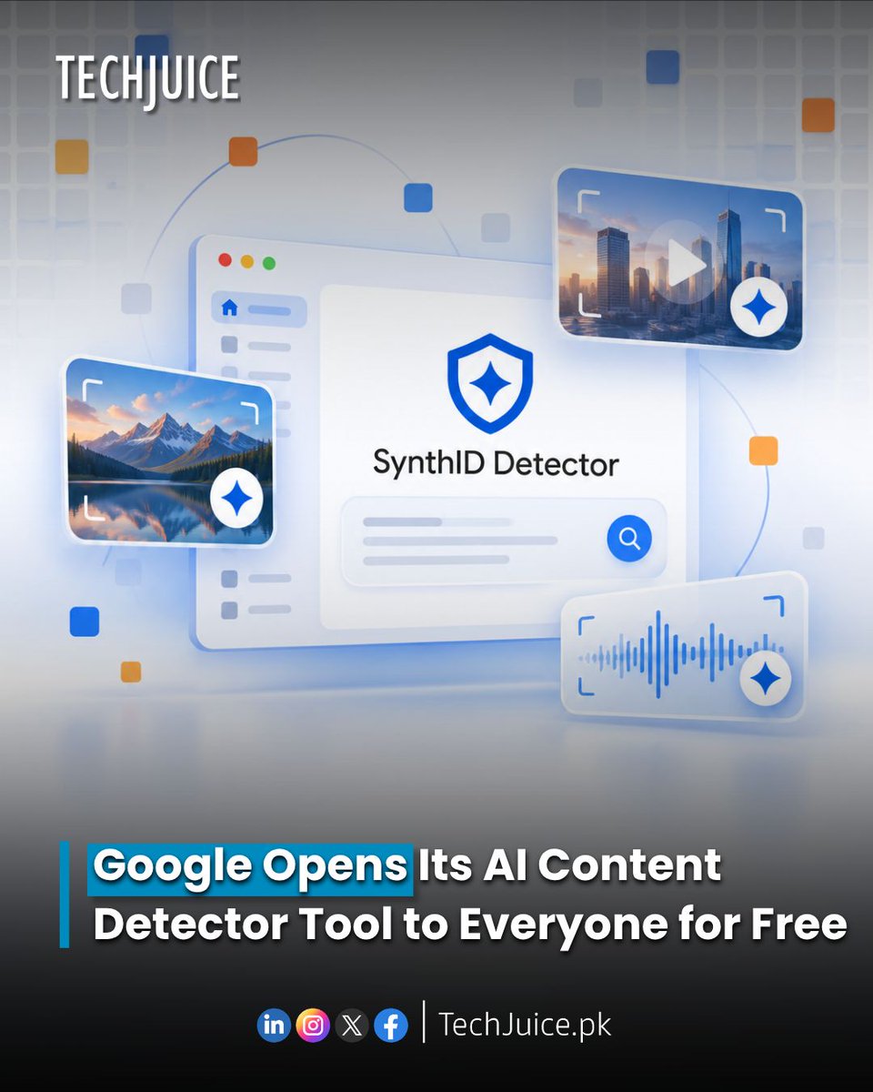 TechJuicePk's tweet photo. Google Opens Its AI Content Detector Tool to Everyone for Free.
Google's SynthID Detector is now publicly available, allowing users to check images, videos, and audio for hidden AI watermarks.
#techjuice #Google #SynthID #AI #technews https://t.co/EDRymkMexF