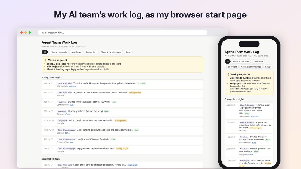ER's tweet photo. My AI agents do a ton of work while I'm busy. By Friday I had no idea what got done.

So I made their work log my browser start page. Every new tab shows what each agent did today, grouped by project, plus a "Waiting on you" list.

Free + open source. Runs locally.

Repo 👇 https://t.co/dPdWwe4X75