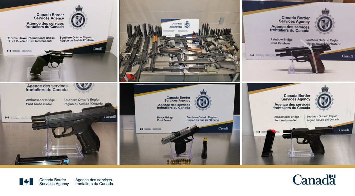 CanBorder's tweet photo. 30 firearms, 38 magazines, and 97 rounds of ammunition — all undeclared — seized in 6 days. In #SouthernOntario, #CBSA officers are on the front line, keeping prohibited goods out of Canada. #BorderProtection https://t.co/G9aKl9bWwD
