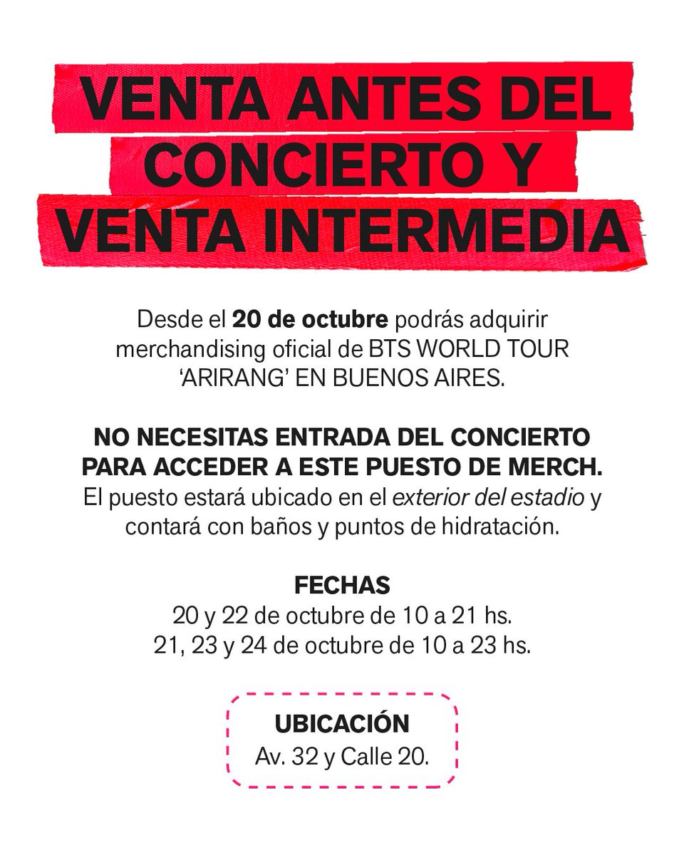 dfallaccess's tweet photo. MERCH ANTICIPADO: BTS WORLD TOUR 'ARIRANG' EN BUENOS AIRES🖤

A partir de hoy, vas a poder conseguir el merch oficial de @bts_bighit en el Estadio Único de La Plata antes de los shows. ¡No necesitas entrada para acceder al puesto de merch! 

📍Únicamente del 20 al 24 de octubre en Av. 32 y Calle 20.

¡Nos vemos ARMY!